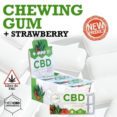 Pack de 12 refrescantes chicles de fresa con 17mg de CBD por unidad.
